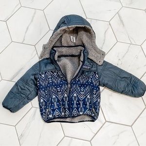 Patagonia Reversible Tribbles Sherpa Hoody Blue Gray Tribal Fish - 2T